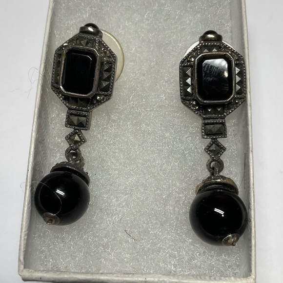 Rare Vintage Sterling Silver JUDITH JACK Black Onyx Dangle Earrings. 1.5 inches - Picture 1 of 9